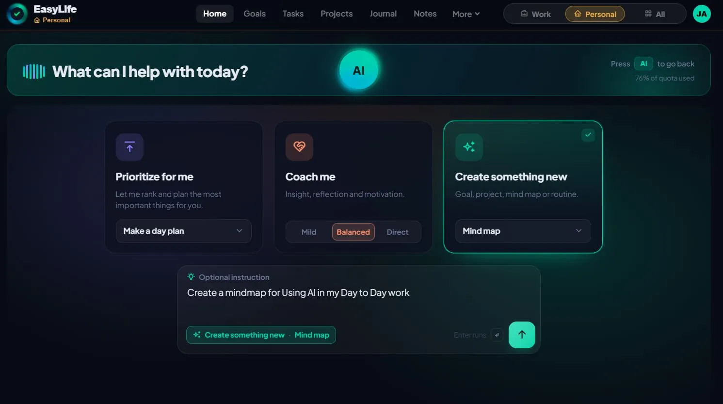 EasyLife på desktop i mørk modus med AI-assistenten åpen og et dagsplan-utkast klart til godkjenning